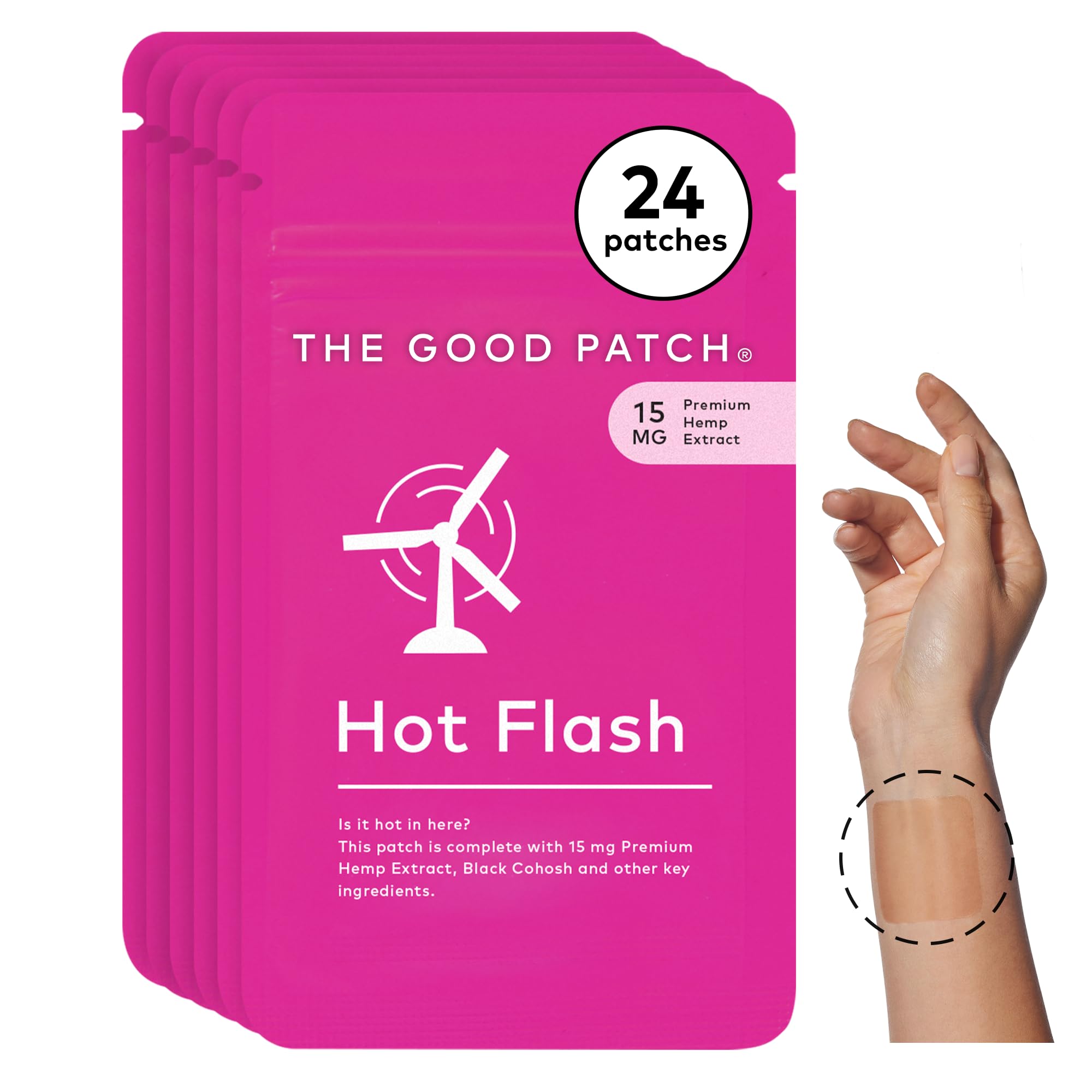 The Good Patch hot flash patch on the wrist offers discreet, sustained support.