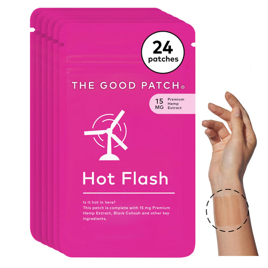 The Good Patch hot flash patch on the wrist offers discreet, sustained support.