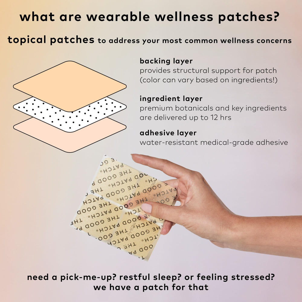 The Good Patch Nite Nite flat lay features hemp and melatonin ingredients