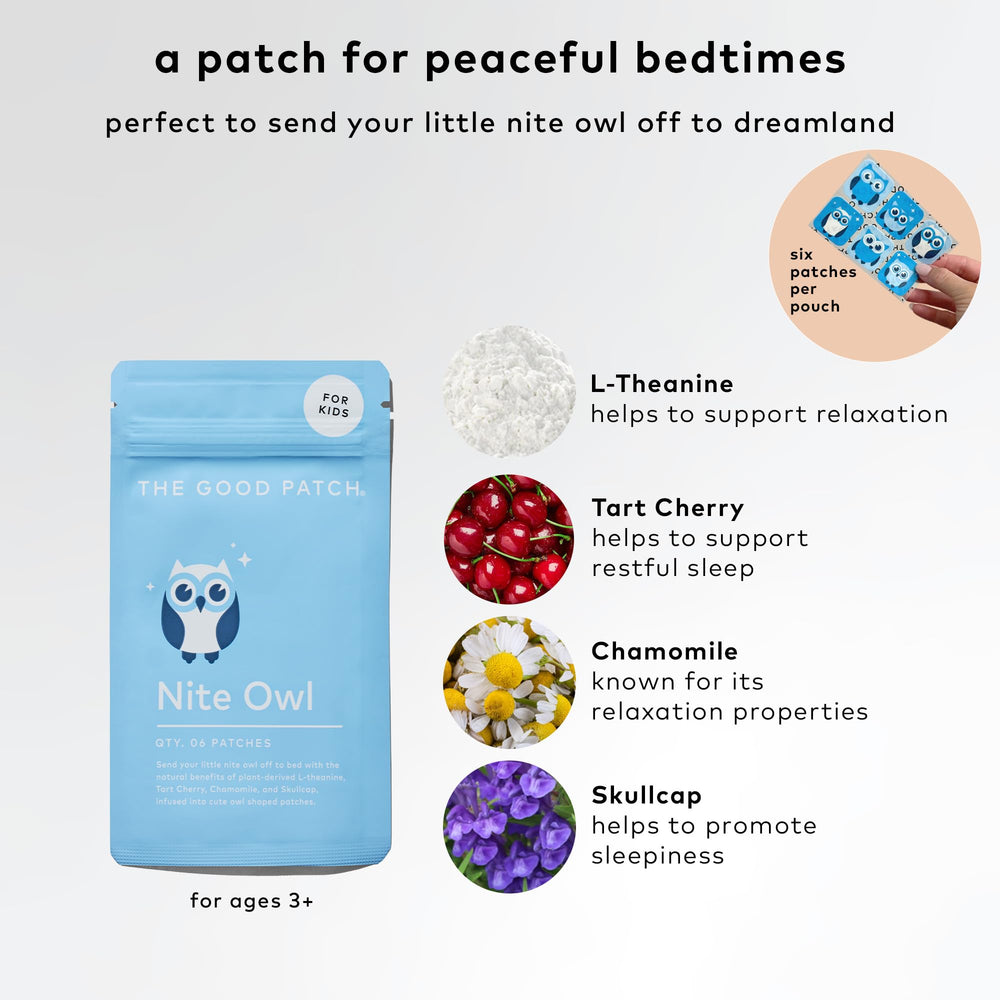 The Good Patch Nite Owl patch applied on a child's wrist for bedtime use.