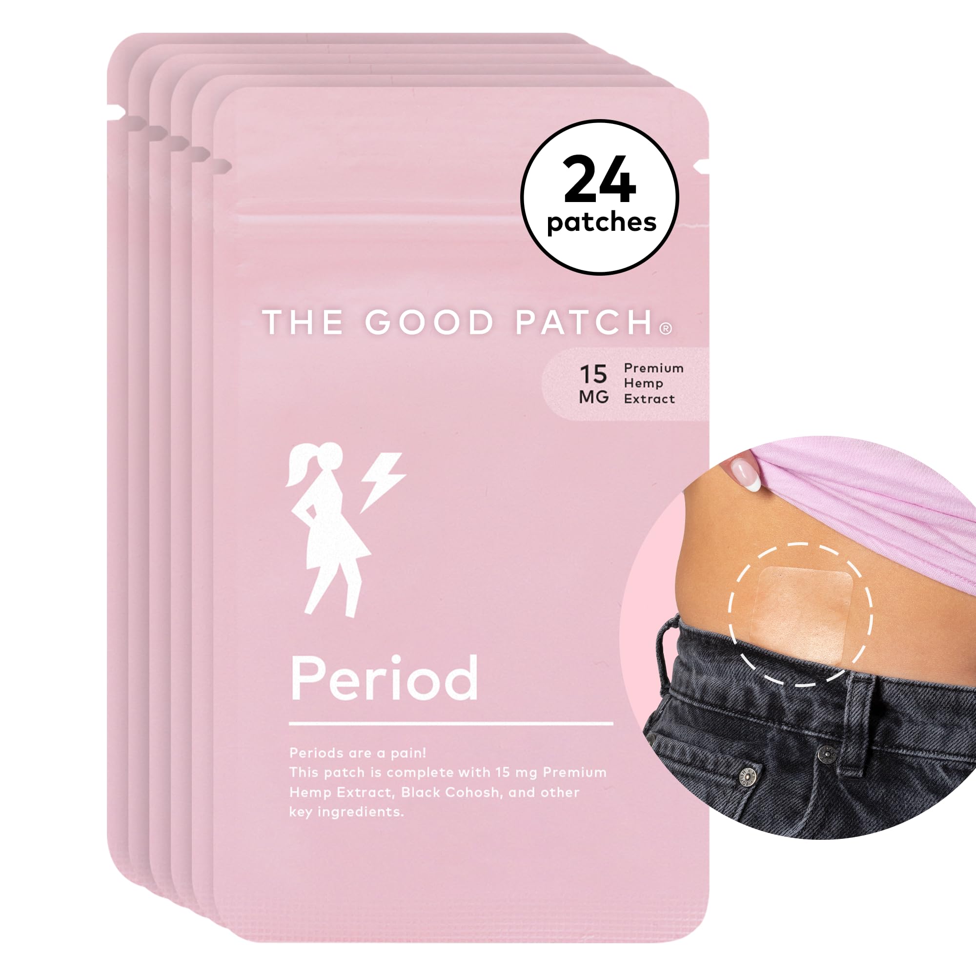 The Good Patch Period Patch on lower abdomen for discreet, long-lasting wear.