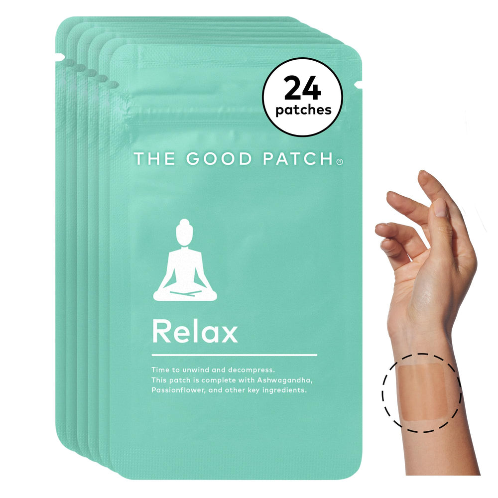 The Good Patch Relax Patch on skin with ashwagandha for a soothing calm moment