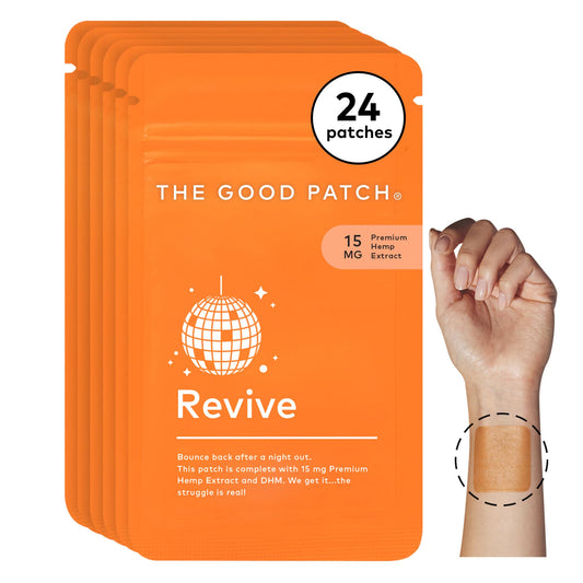 The Good Patch Revive bottle close-up highlighting hemp and DHM for daytime support.