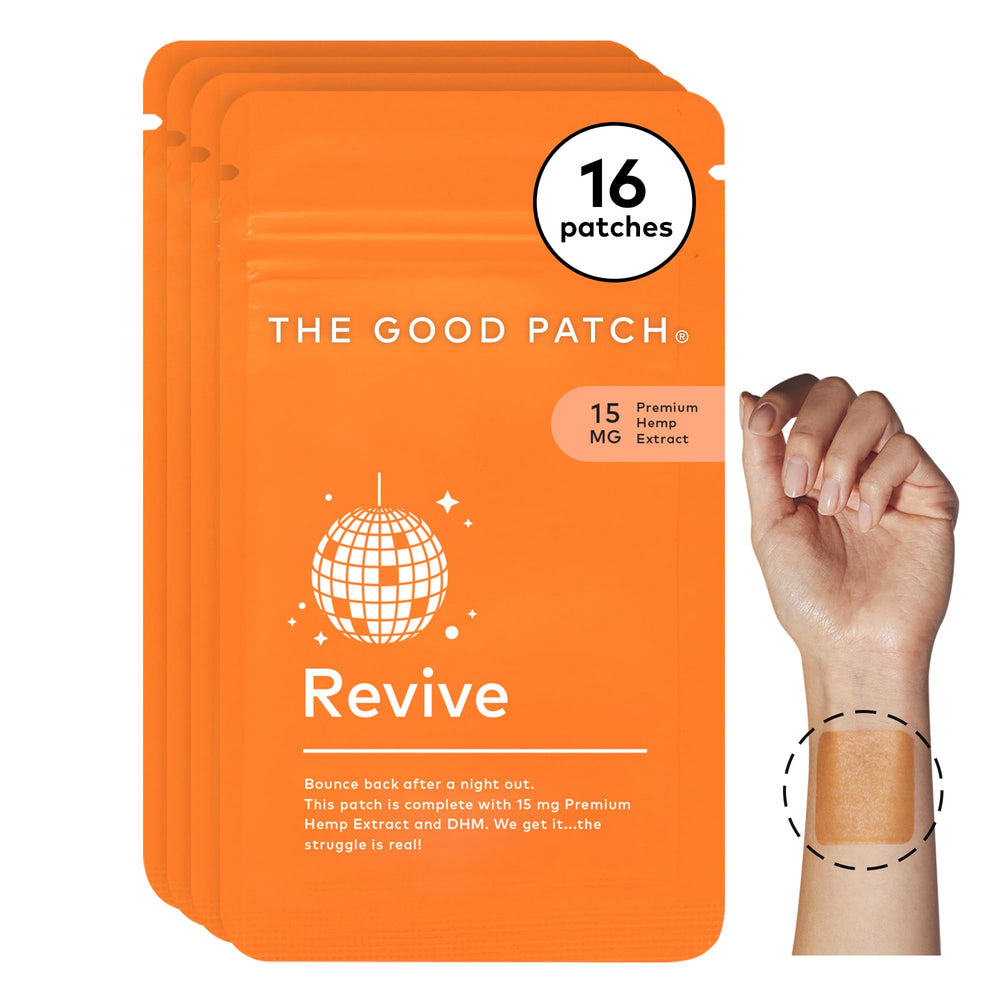 The Good Patch Revive patch on the wrist for discreet post-night-out support.