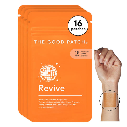 The Good Patch Revive patch on the wrist for discreet post-night-out support.
