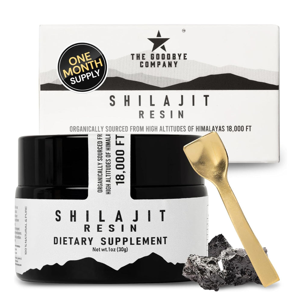 The Goodbye Company Pure Shilajit Resin jar with label shows premium minerals for daily energy.
