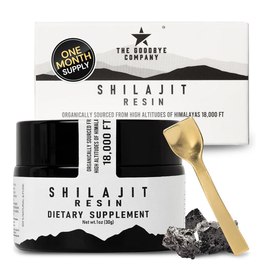The Goodbye Company Pure Shilajit Resin jar with label shows premium minerals for daily energy.