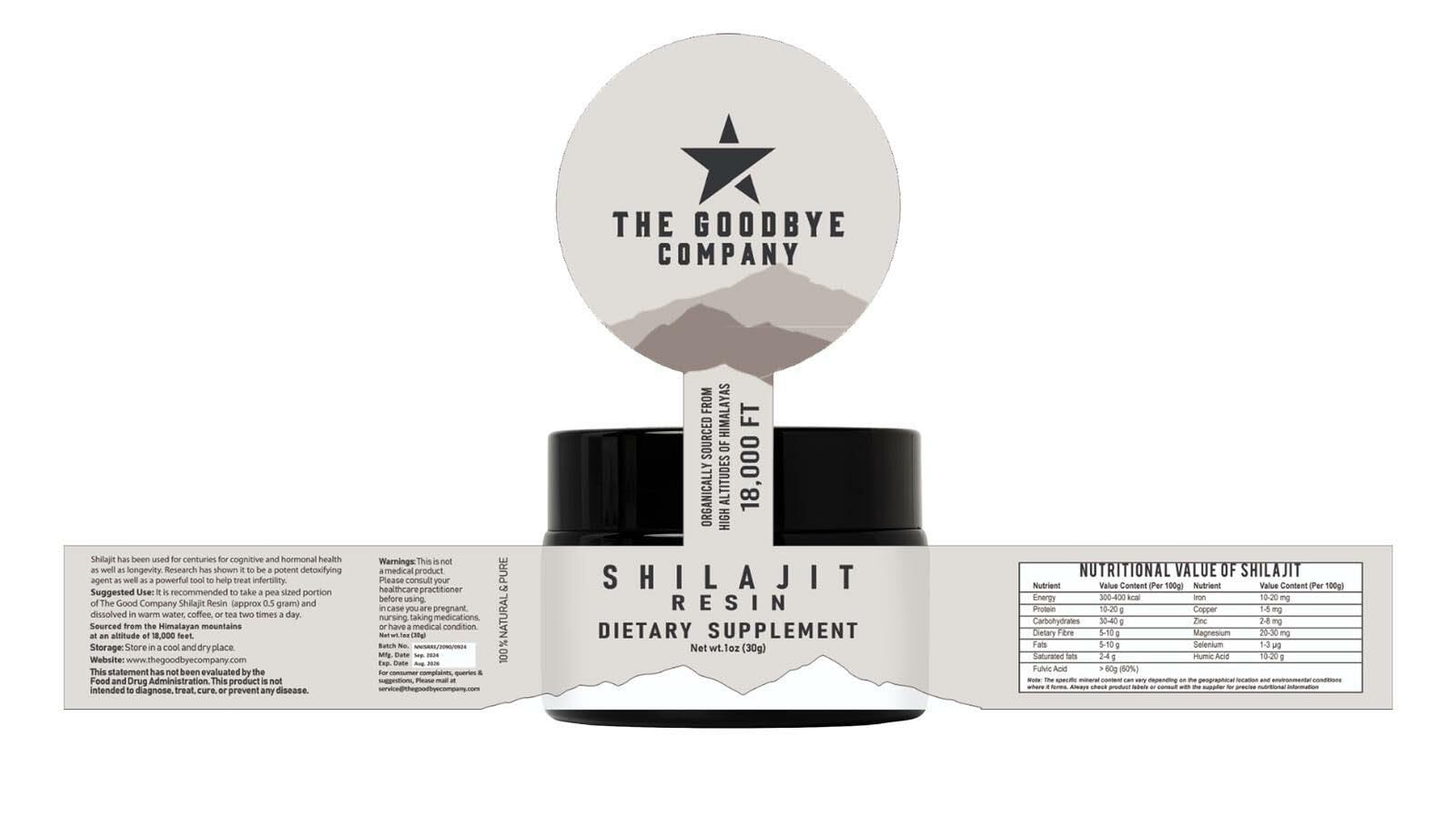 The Goodbye Company Pure Shilajit Resin packaging confirms a 3-month supply.