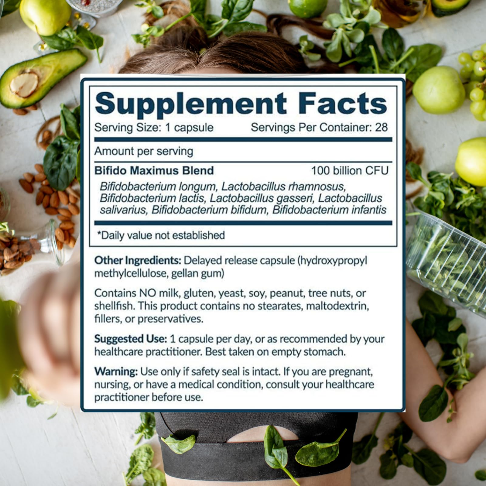 The Gut Institute Bifido Maximus capsule closeup highlights high-potency probiotic formula.