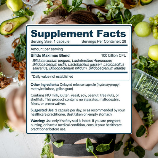The Gut Institute Bifido Maximus capsule closeup highlights high-potency probiotic formula.