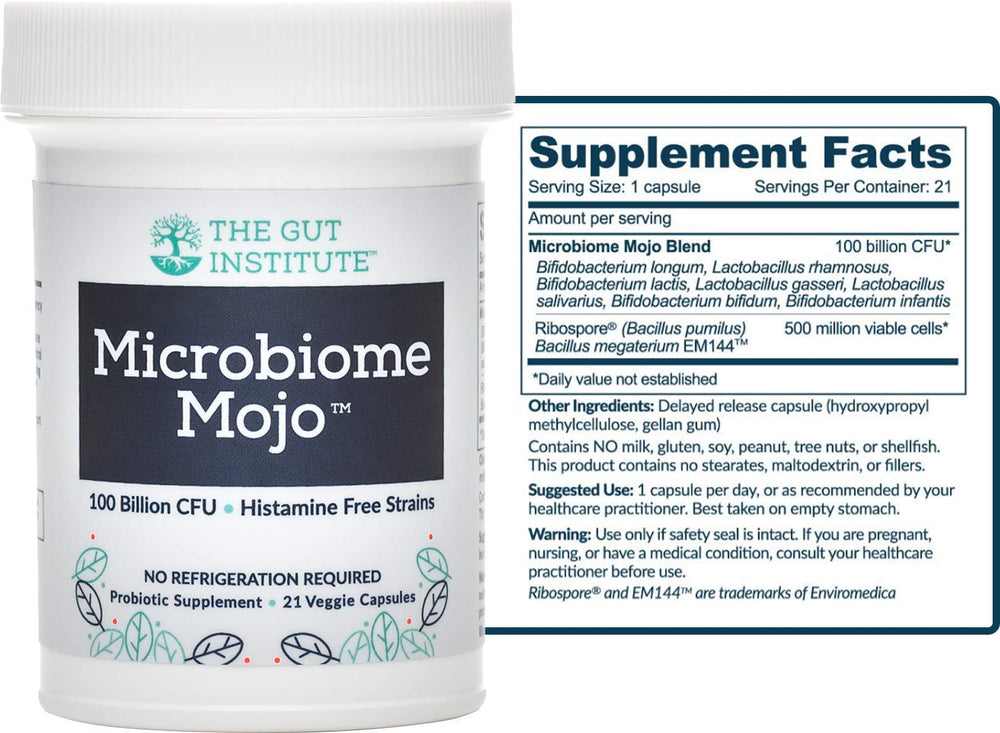 The Gut Institute Microbiome Mojo bottle side highlights shelf-stable, travel-friendly probiotics.