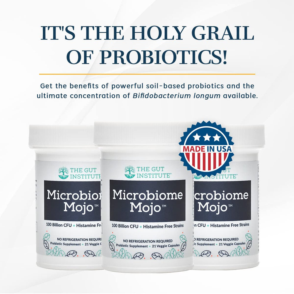 The Gut Institute Microbiome Mojo capsules closeup emphasizes 100B CFU plus 500M SFU.