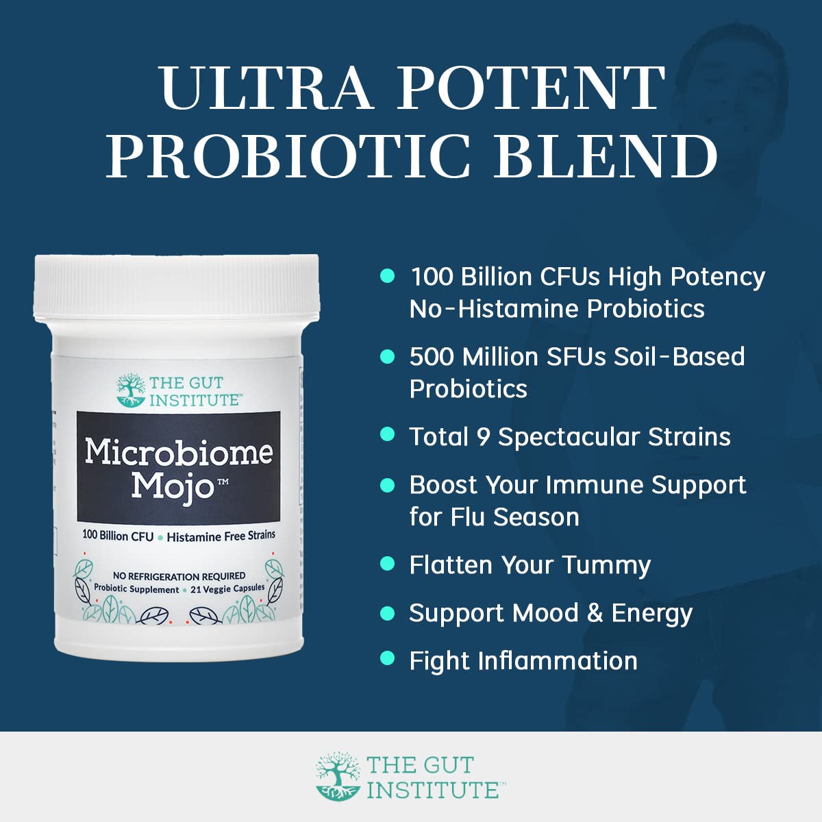 The Gut Institute Microbiome Mojo label design conveys premium, pharmacist-formulated quality.