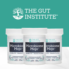 The Gut Institute Microbiome Mojo travel-pack image suggests easy daily use.
