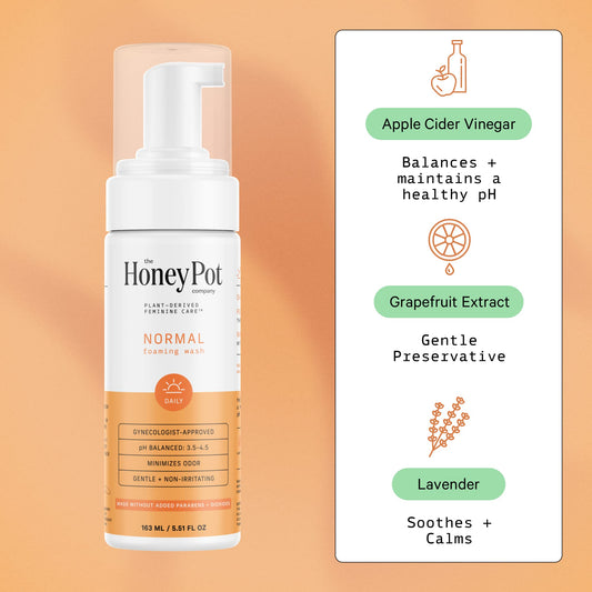 Herbal-infused formula image showing calming botanicals and pH balance of The Honey Pot.