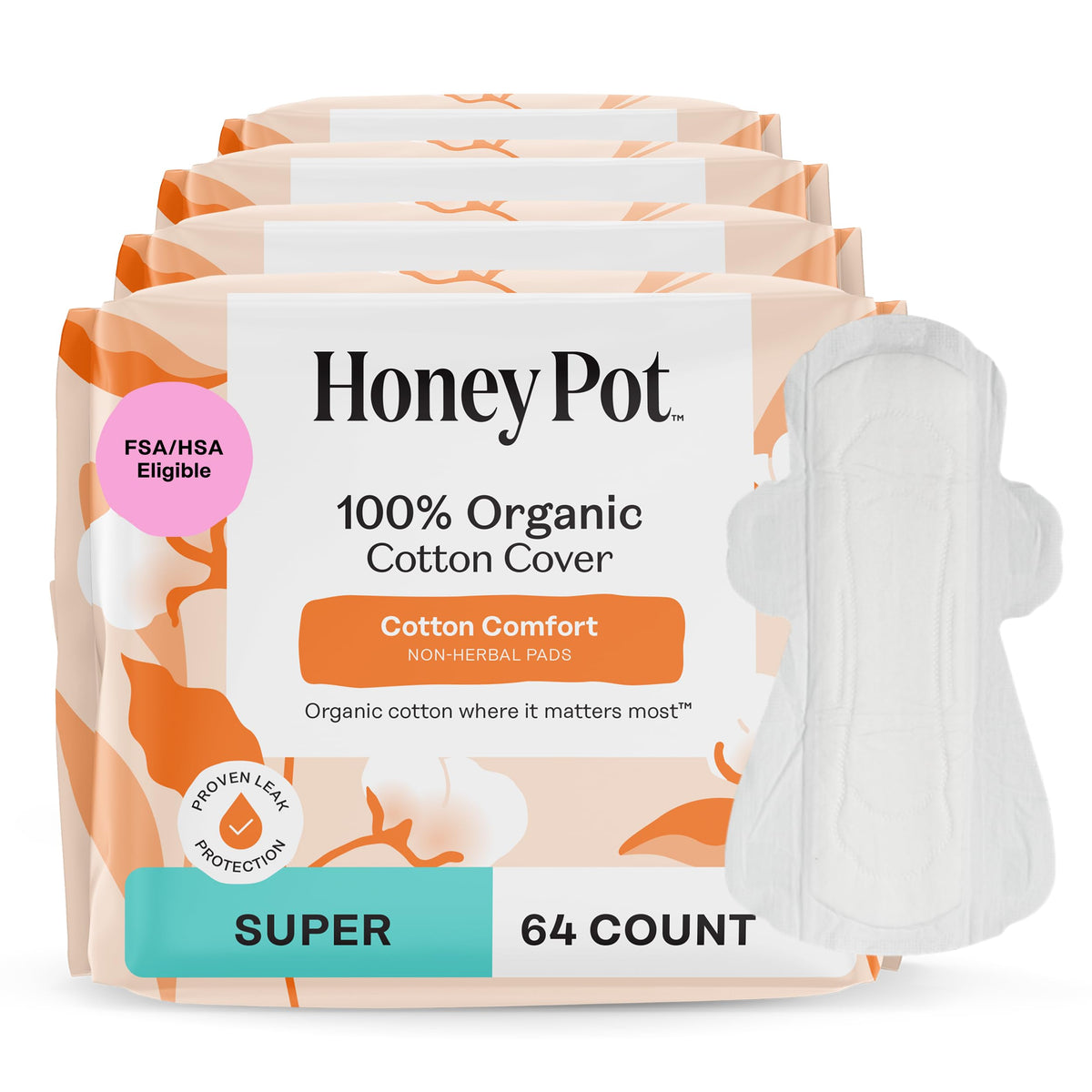 The Honey Pot Company super non-herbal pads with wings for all-day protection.