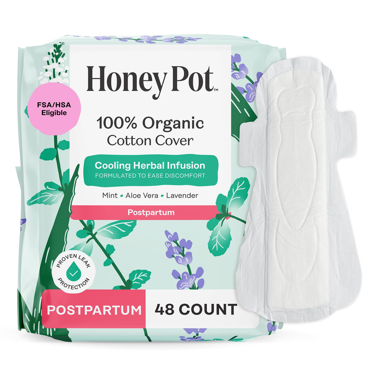 The Honey Pot herbal postpartum pads with wings closeup show breathable protection.