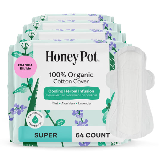 The Honey Pot Herbal Super Pads with wings pack shot showing full 64-count protection