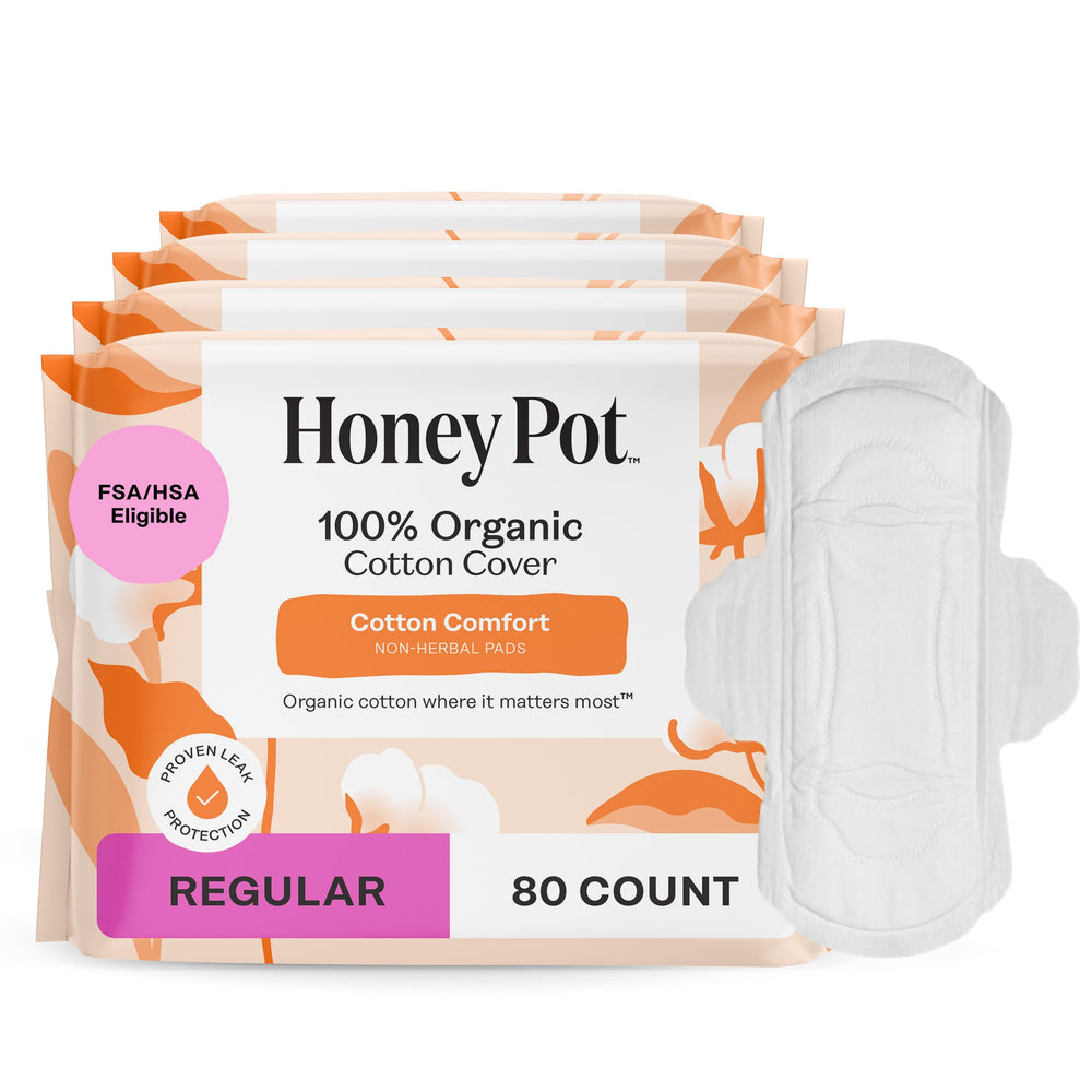 The Honey Pot non-herbal regular pads with wings cover for all-day protection.