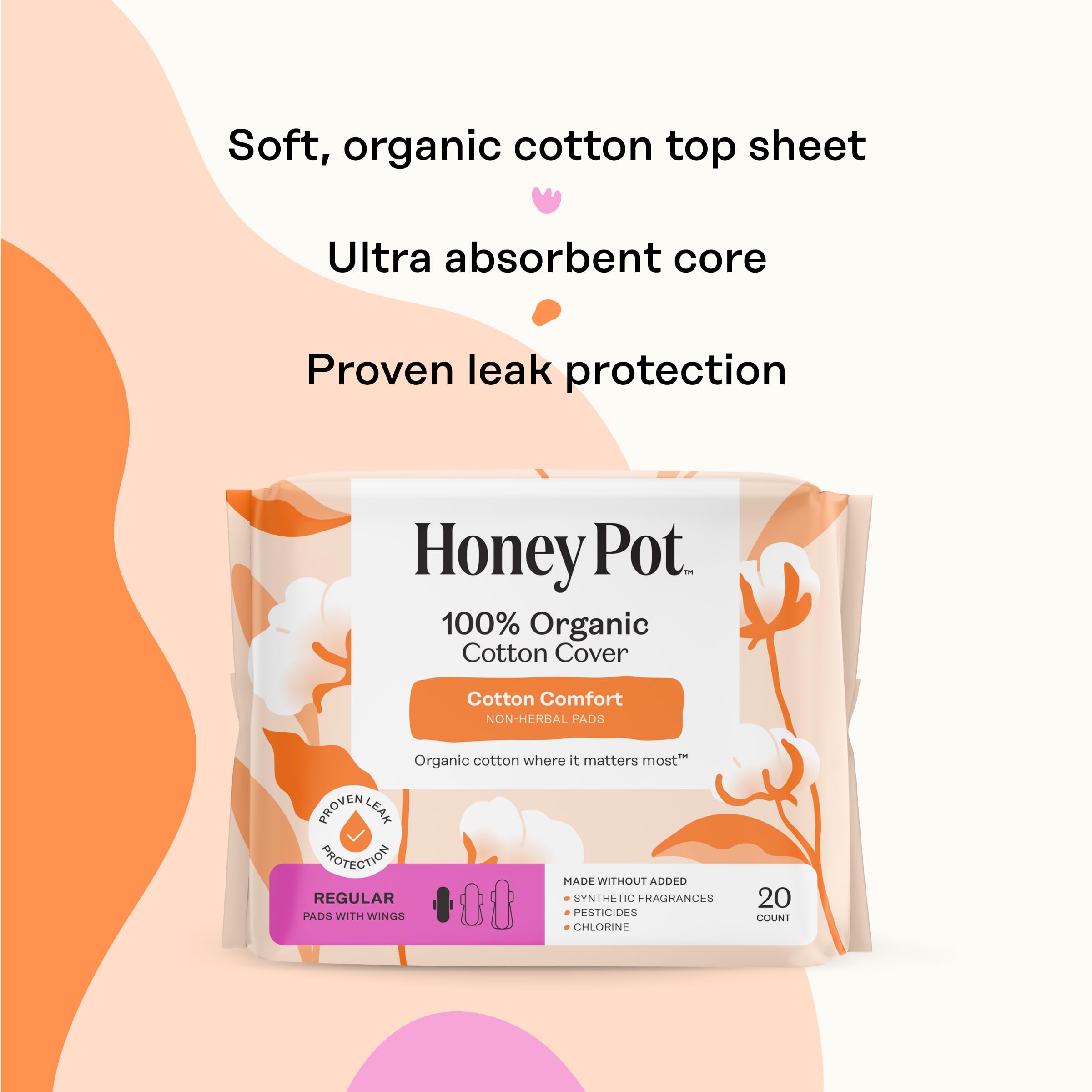 The Honey Pot non-herbal regular pads with wings dermatologist-tested assurance.