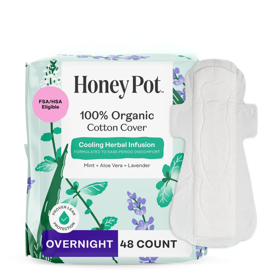 The Honey Pot overnight pad with wings in packaging for all-night protection.