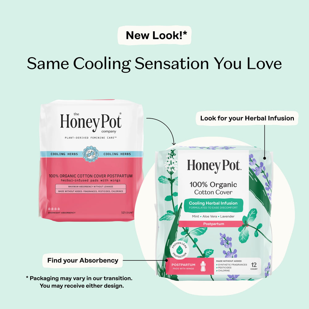 The Honey Pot postpartum pads with ultra-absorbent core for secure all-day protection.