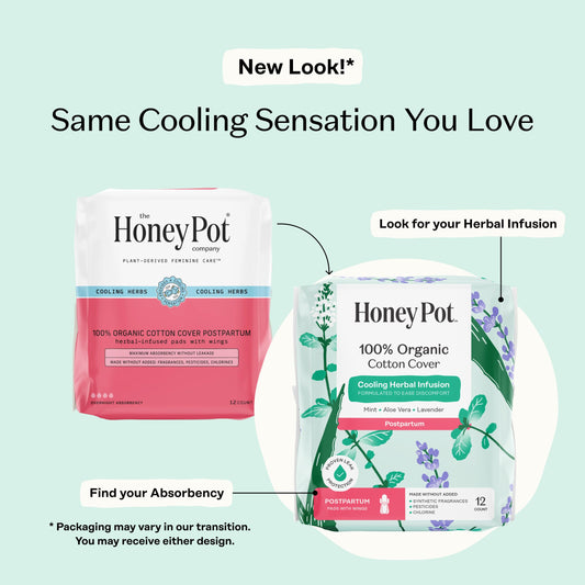 The Honey Pot postpartum pads with ultra-absorbent core for secure all-day protection.