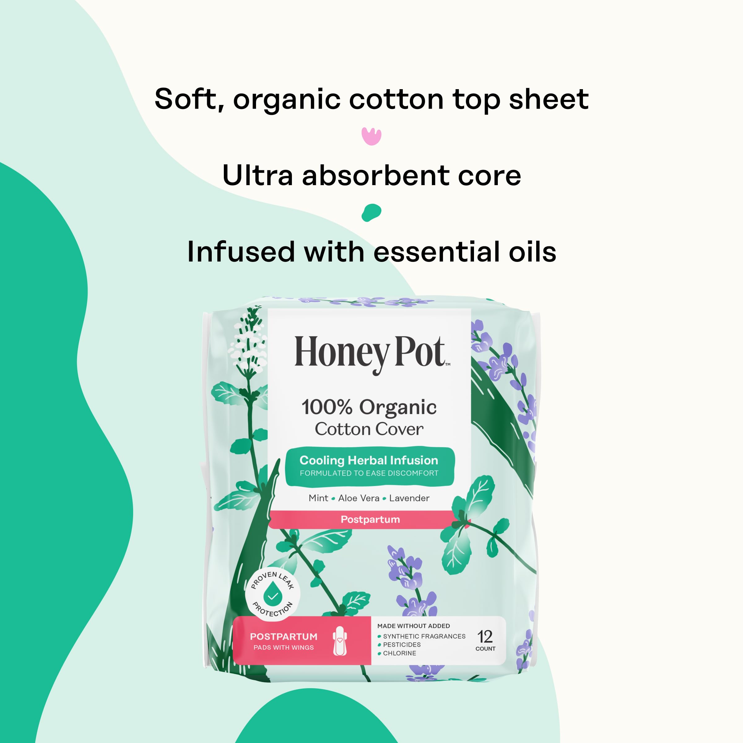 The Honey Pot pads with wings on packaging highlighting secure fit and leak prevention.