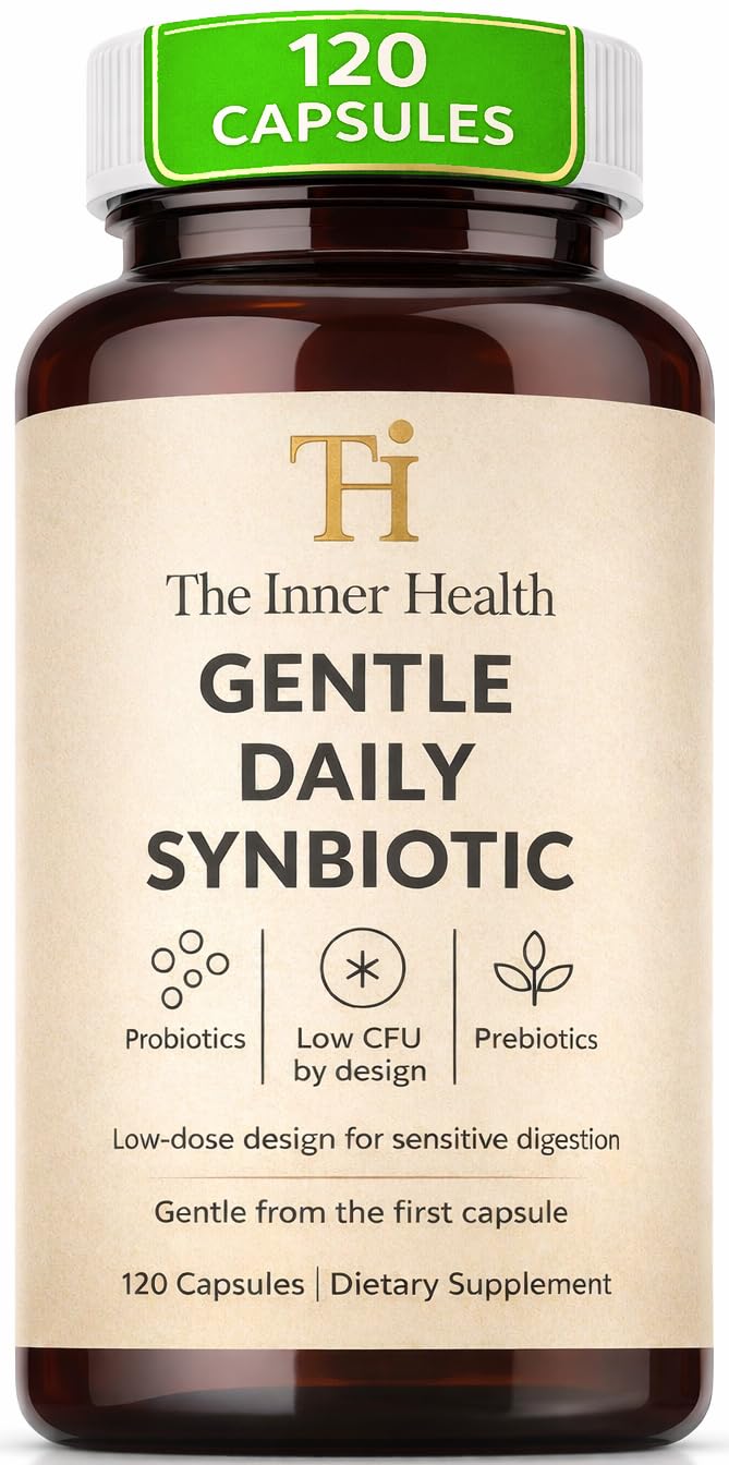 The Inner Health Gentle Synbiotic bottle pour illustrates easy daily dosing for sensitive digestion.