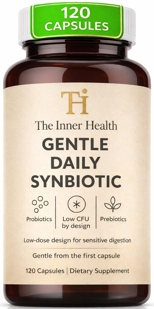 The Inner Health Gentle Synbiotic bottle pour illustrates easy daily dosing for sensitive digestion.