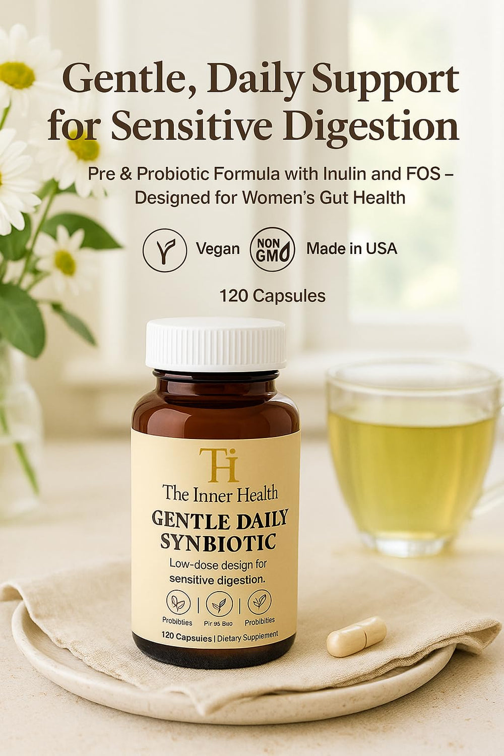 The Inner Health capsules in hand suggest beginner-friendly daily synbiotic routine.