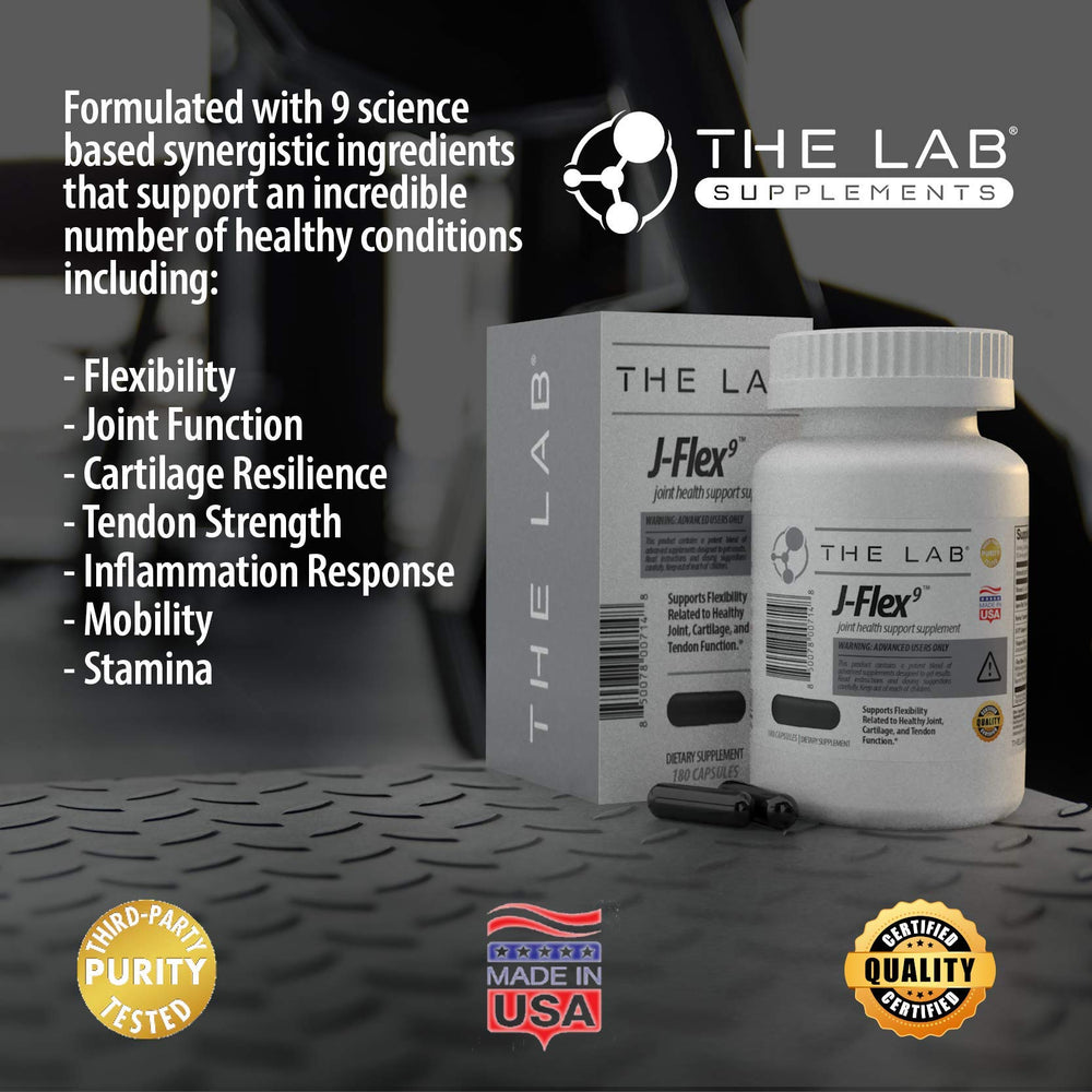 The Lab J-FLEX9 bottle labeled Made in USA signaling quality and standards.