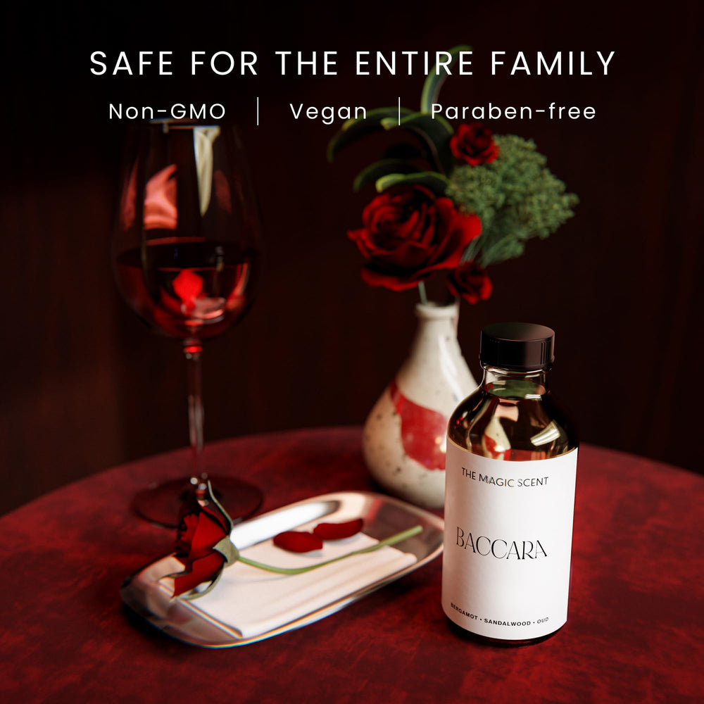 The Magic Scent Baccara diffuser oil bottle closeup highlights luxurious scent notes.