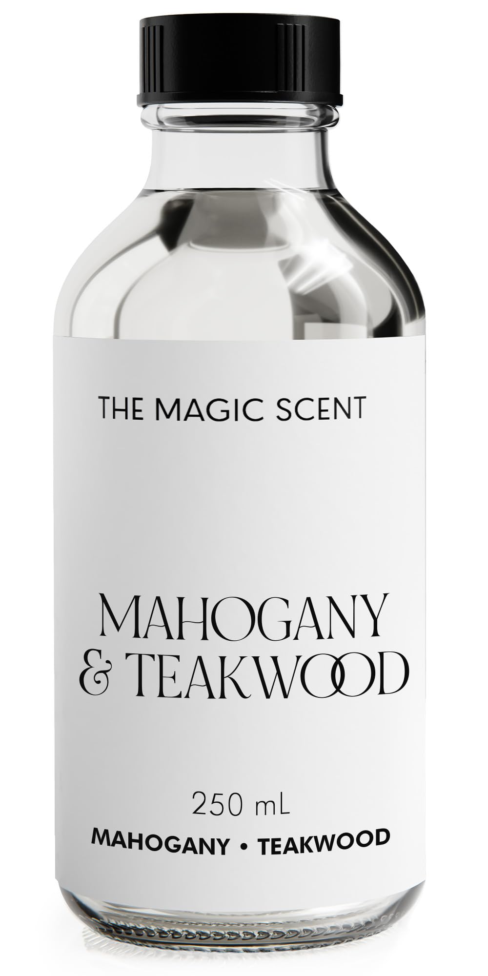 The Magic Scent Mahogany Teakwood bottle closeup for premium home fragrance.