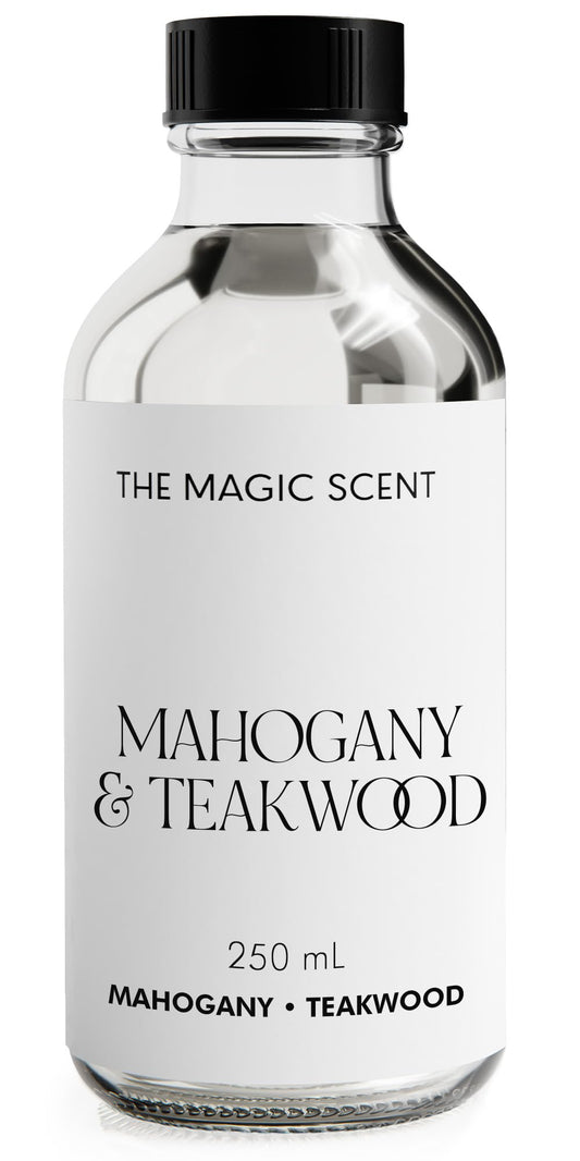 The Magic Scent Mahogany Teakwood bottle closeup for premium home fragrance.