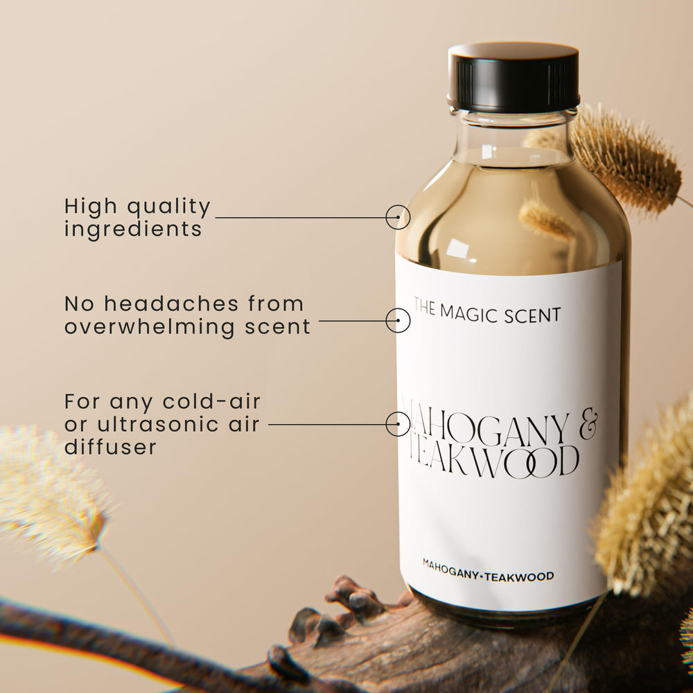 The Magic Scent mahogany teakwood oil pour closeup highlights rich wood notes for mood