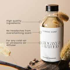 The Magic Scent mahogany teakwood oil pour closeup highlights rich wood notes for mood