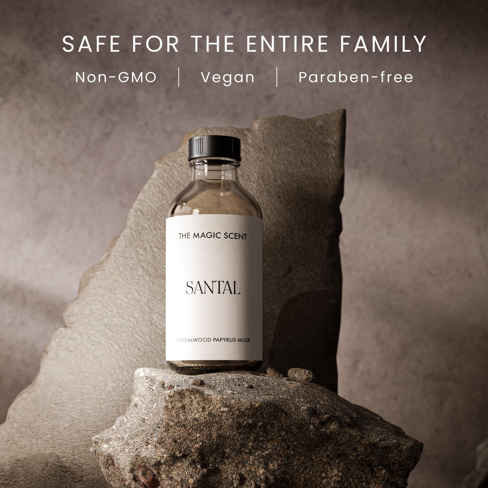 Top view of The Magic Scent Santal bottle showing premium blend and airy aroma.