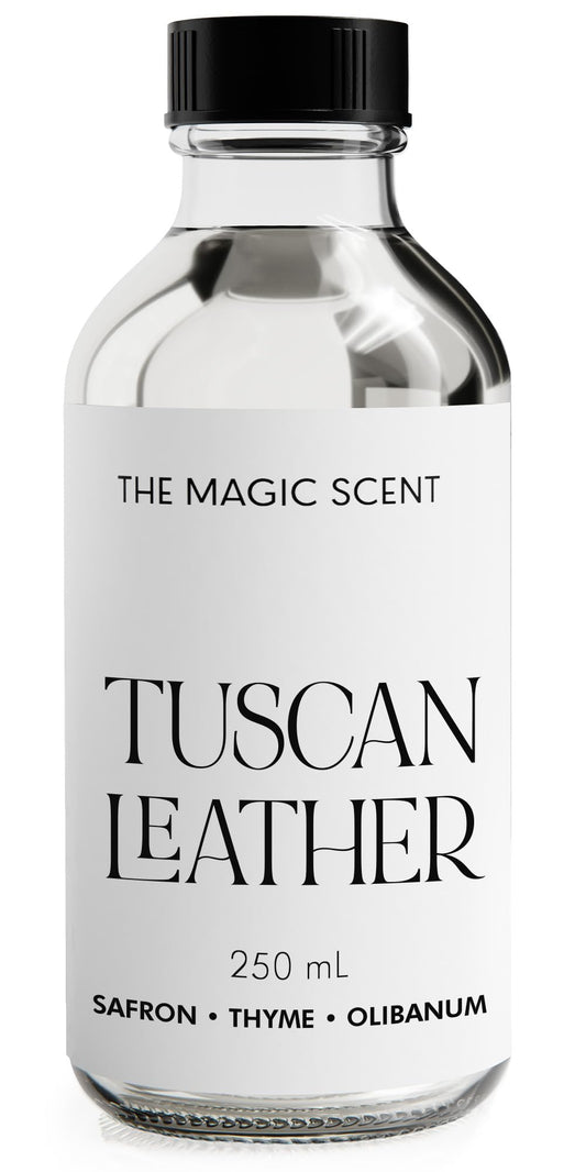 The Magic Scent Tuscan Leather diffuser oil bottle ready to elevate room ambiance
