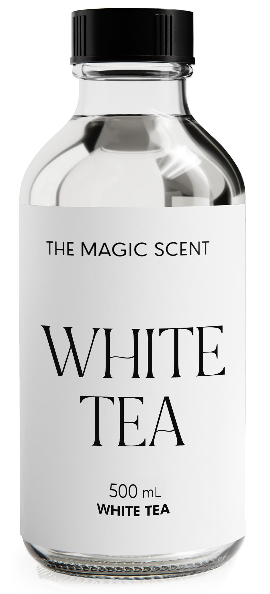 The Magic Scent White Tea Diffuser Oil bottle on a surface creates a calm bedroom ambiance.
