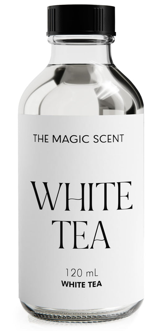 The Magic Scent White Tea Diffuser Oil bottle ready to scent rooms with luxury notes