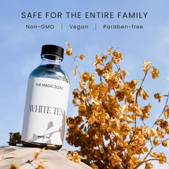 Close-up of The Magic Scent White Tea Diffuser Oil cap hints premium notes.