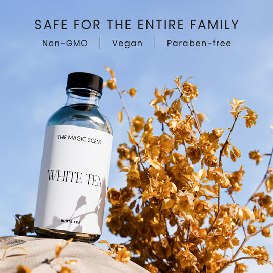 The Magic Scent White Tea Diffuser Oil label showing product name and premium hotel inspired scent