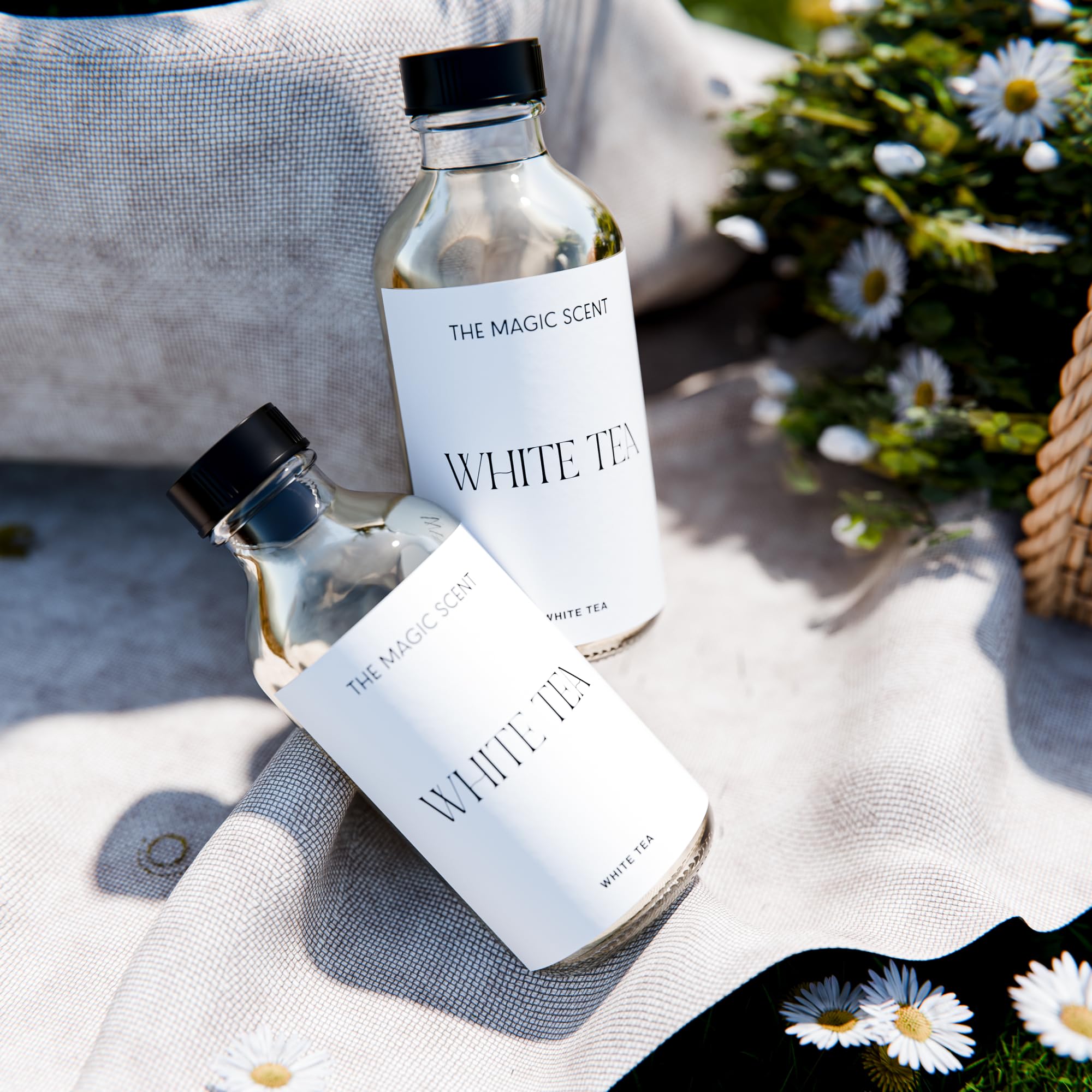 Shelf-display ready bottle of The Magic Scent White Tea Diffuser Oil.