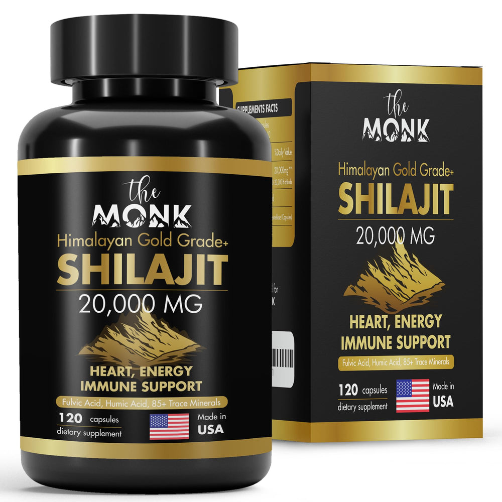 The MONK Organic Shilajit bottle highlights gold-grade formula for daily energy support.
