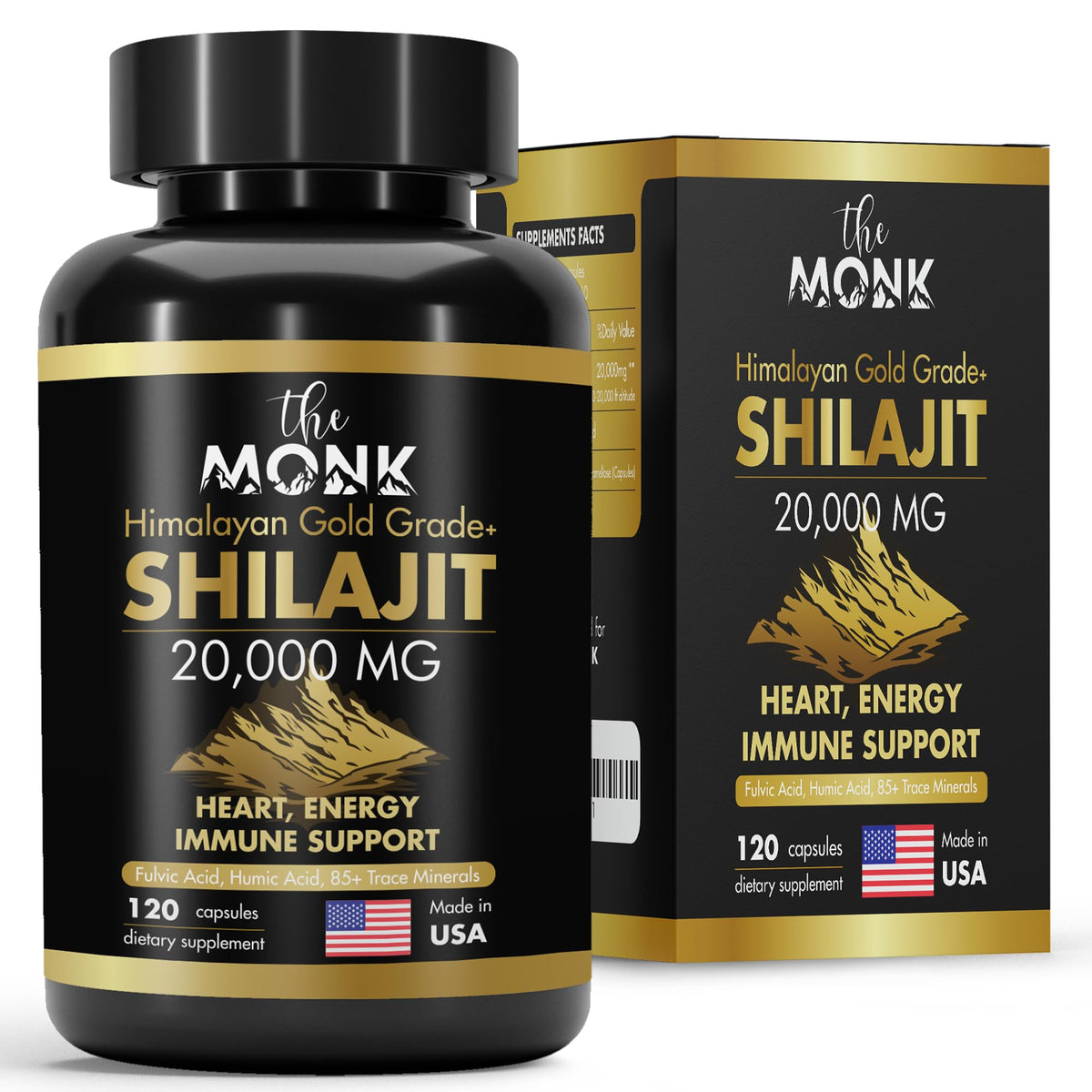 The MONK Organic Shilajit bottle highlights gold-grade formula for daily energy support.