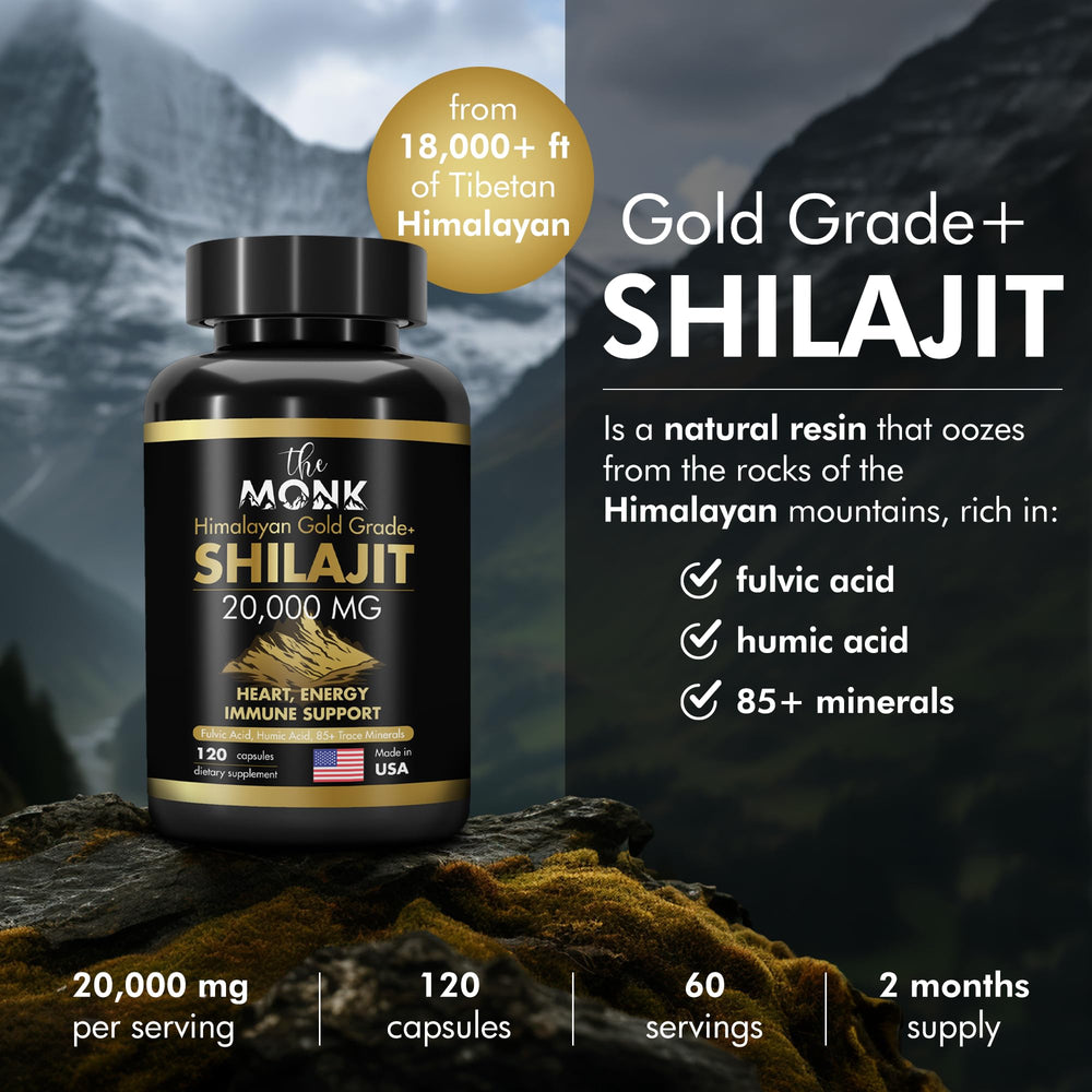 The MONK Shilajit with fulvic and humic acids shows minerals for balanced vitality.