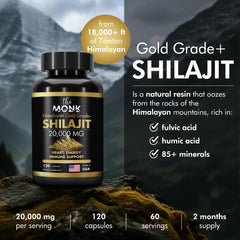The MONK Shilajit with fulvic and humic acids shows minerals for balanced vitality.