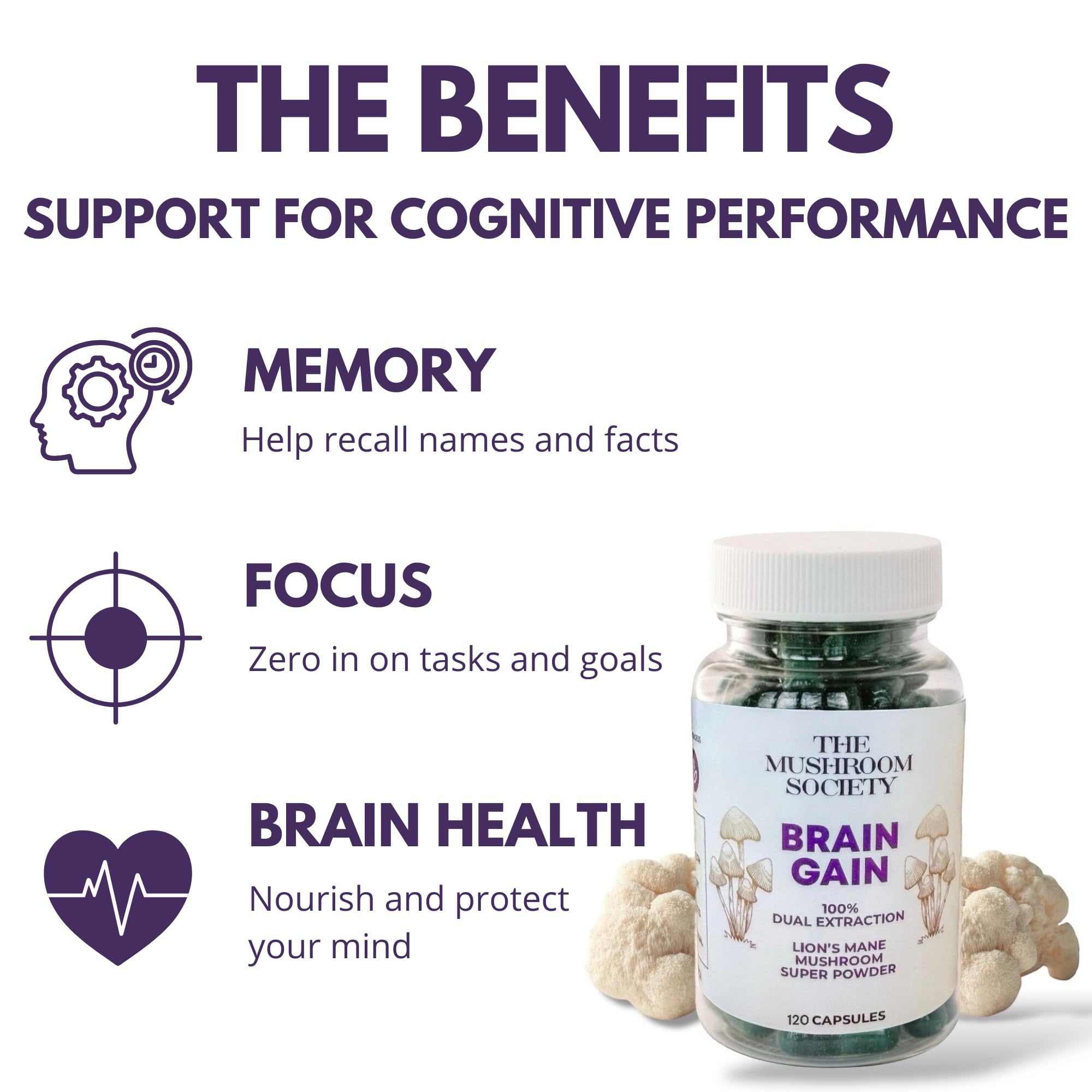 Close-up of Brain Gain Lion’s Mane capsules highlighting vegan, pure extract.