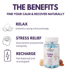 Chill Pill bottle back with ingredients and usage guidance for wellness